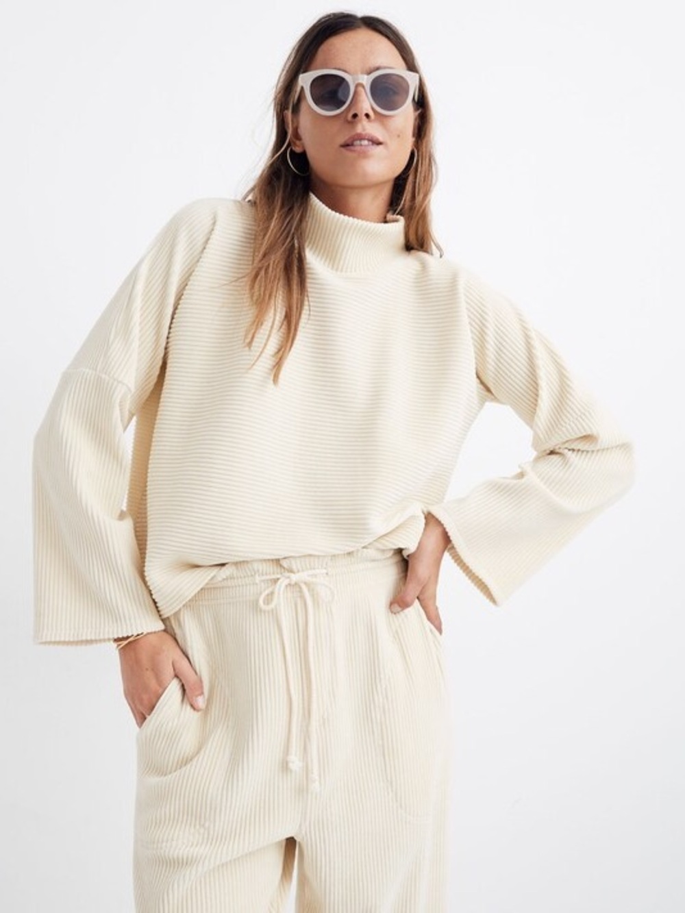 Madewell Cream Velour Ribbed Mock-Neck Top